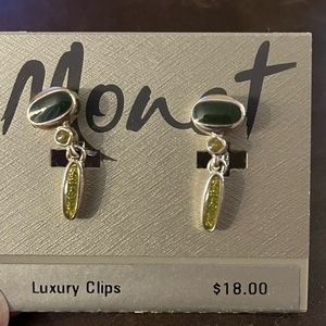 Vintage Monet Luxury Clip Earrings Dark and Light Green and Goldtone, Signed
